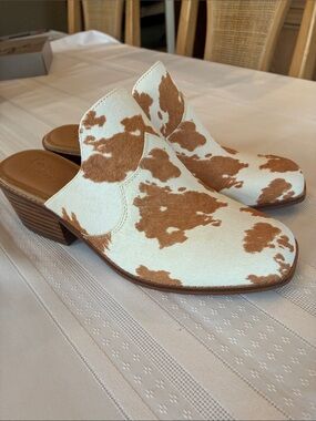 Crown Vintage Cream and Brown Cowhide-Print Haircalf Chunky Mules